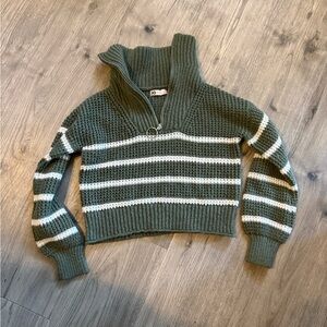 SO Olive Green & White Striped Half-Zip Cropped Sweater
